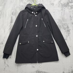 Nautica Jacket Womens M Black Layered Softshell Quilted Hooded Thumbholes Zip